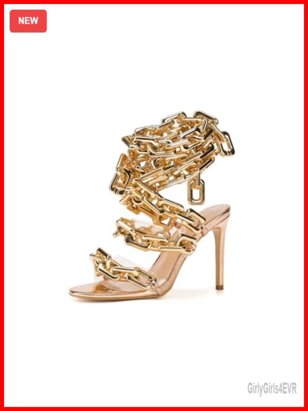 Lace Up Gold Link Chain Clear PVC Strappy Stiletto High Heeled Sandals